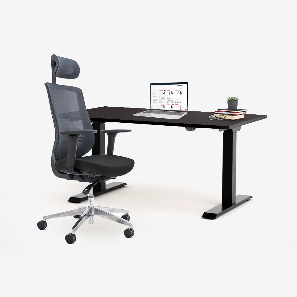 Ергономичен офис стол ChairPro 1000 H (Цвят): Черен | Височинно регулируемо бюро Ergo Desk Basic (Цвят на основата): Черен | Цвят на плота: Черен