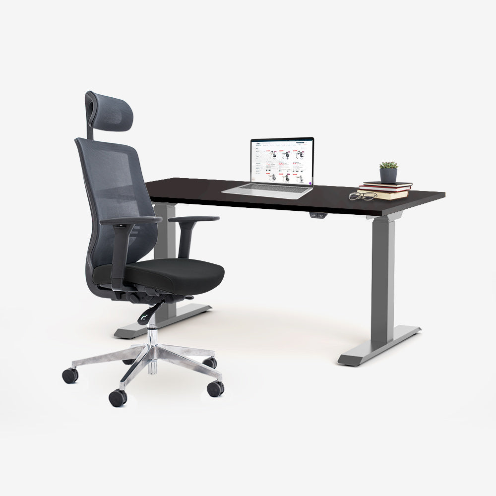 Ергономичен офис стол ChairPro 1000 H (Цвят): Черен | Височинно регулируемо бюро Ergo Desk Basic (Цвят на основата): Сив | Цвят на плота: Черен