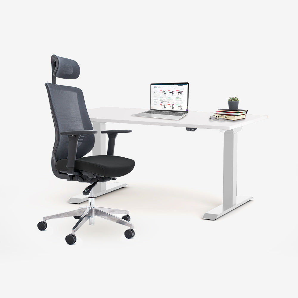 Ергономичен офис стол ChairPro 1000 H (Цвят): Черен | Височинно регулируемо бюро Ergo Desk Basic (Цвят на основата): Бял | Цвят на плота: Бял шагрен