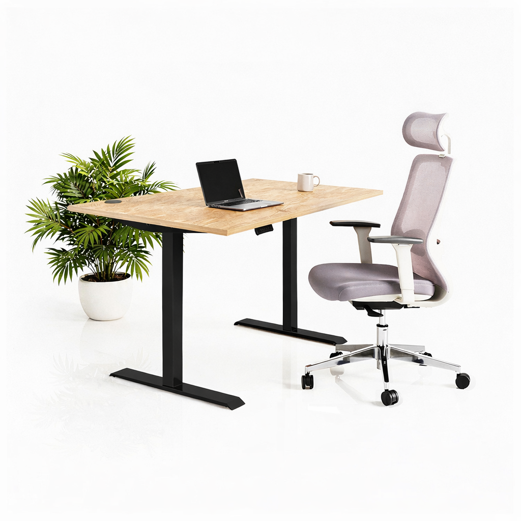 Ергономичен стол ChairPro Nexus Edition (Цвят): Светло Сив | Височинно регулируемо бюро Ergo Desk Pro (Цвят на основата): Черен | Цвят на плота: Дъб Небраска натур