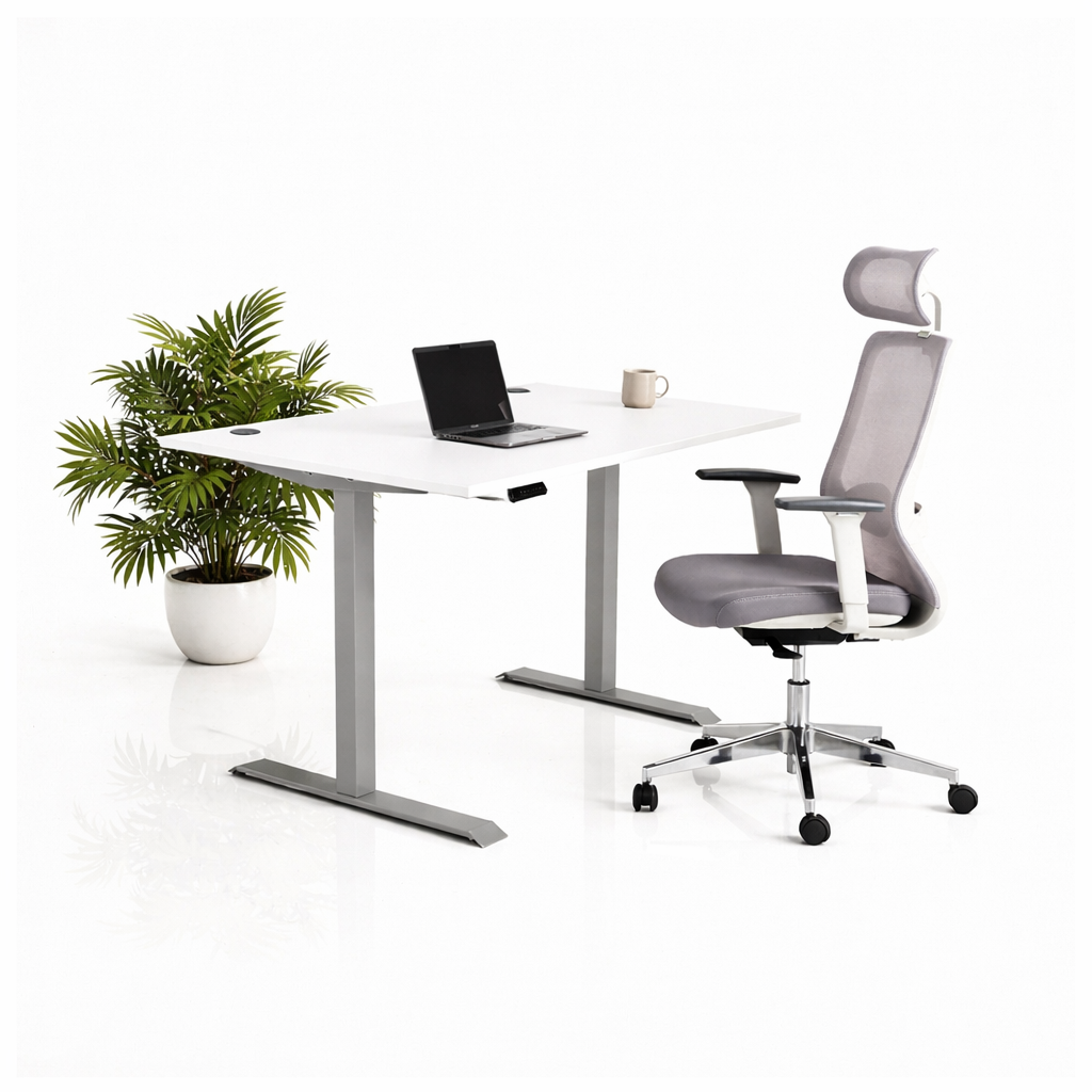 Ергономичен стол ChairPro Nexus Edition (Цвят): Светло Сив | Височинно регулируемо бюро Ergo Desk Pro (Цвят на основата): Сив | Цвят на плота: Бял шагрен