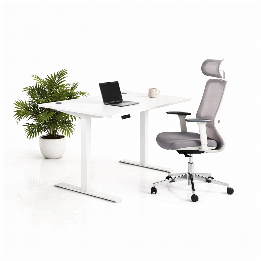 Ергономичен стол ChairPro Nexus Edition (Цвят): Светло Сив | Височинно регулируемо бюро Ergo Desk Pro (Цвят на основата): Бял | Цвят на плота: Бял шагрен