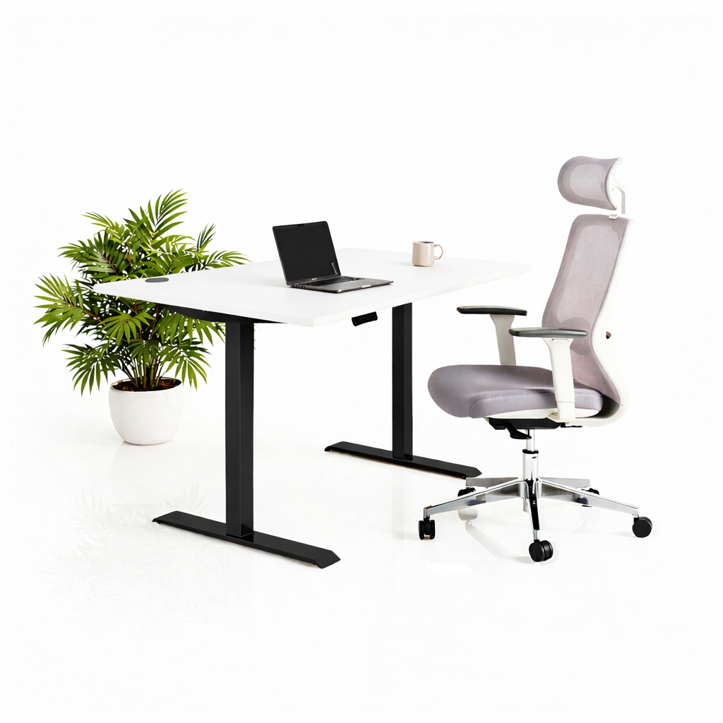 Ергономичен стол ChairPro Nexus Edition (Цвят): Светло Сив | Височинно регулируемо бюро Ergo Desk Pro (Цвят на основата): Черен | Цвят на плота: Бял шагрен