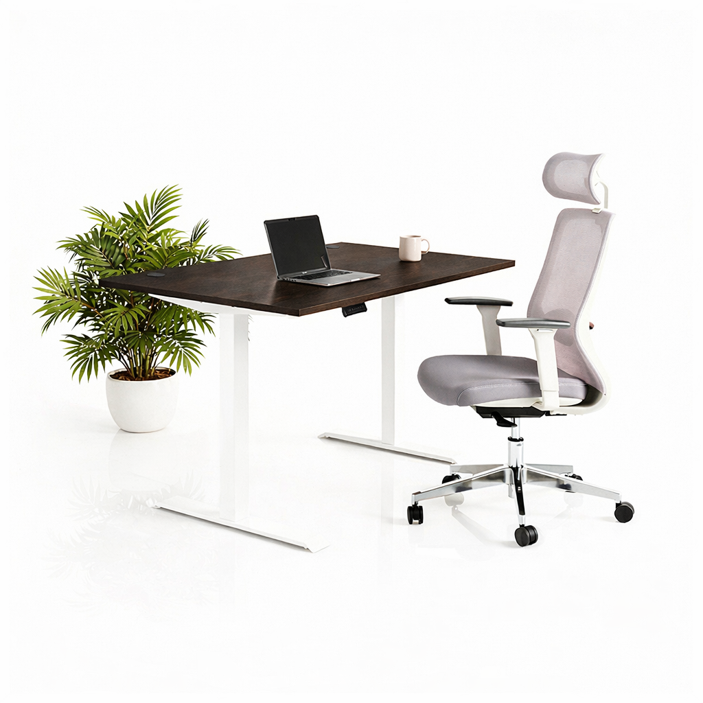 Ергономичен стол ChairPro Nexus Edition (Цвят): Светло Сив | Височинно регулируемо бюро Ergo Desk Pro (Цвят на основата): Бял | Цвят на плота: Орех Пасифик табак