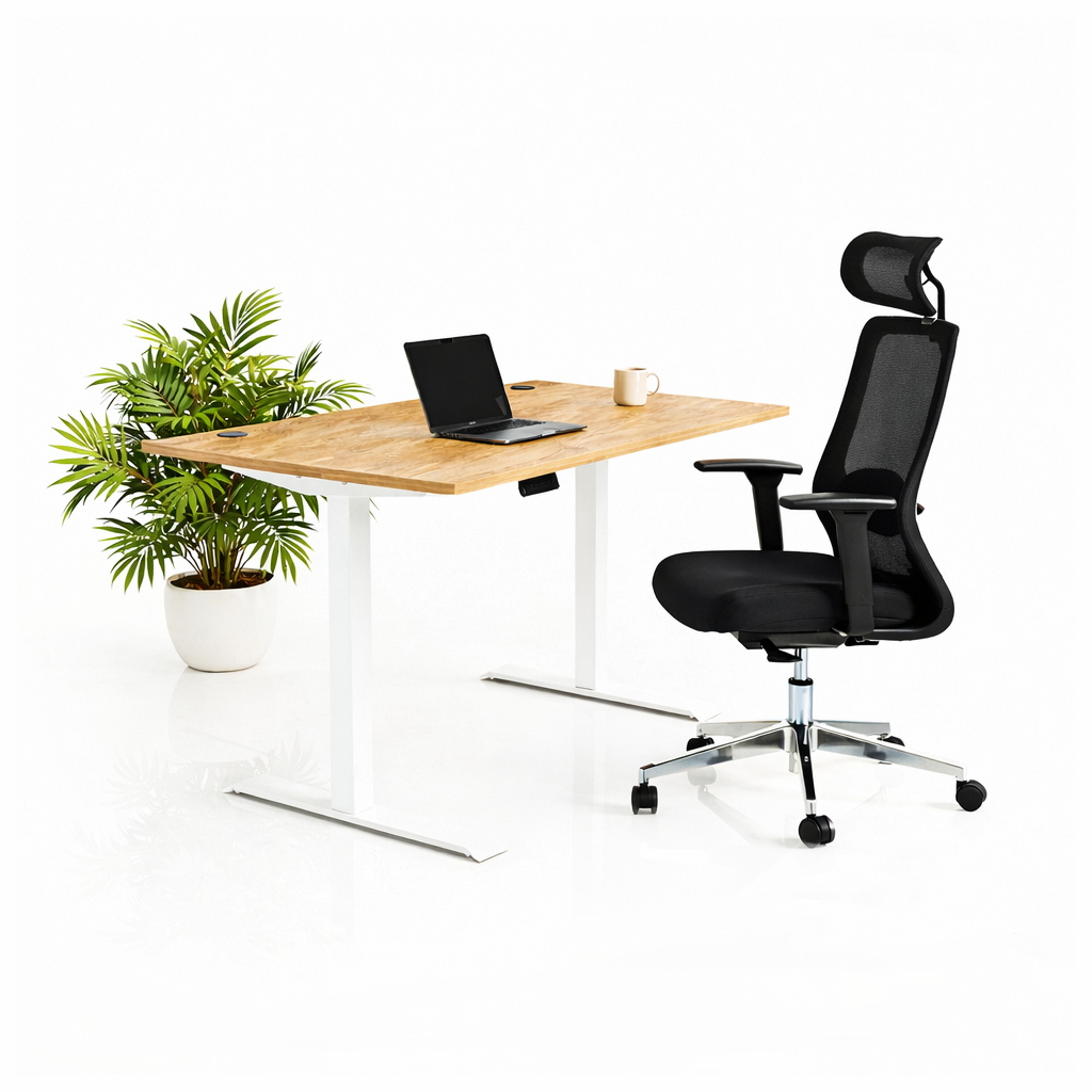 Ергономичен стол ChairPro Nexus Edition (Цвят): Черен | Височинно регулируемо бюро Ergo Desk Pro (Цвят на основата): Бял | Цвят на плота: Дъб Небраска натур