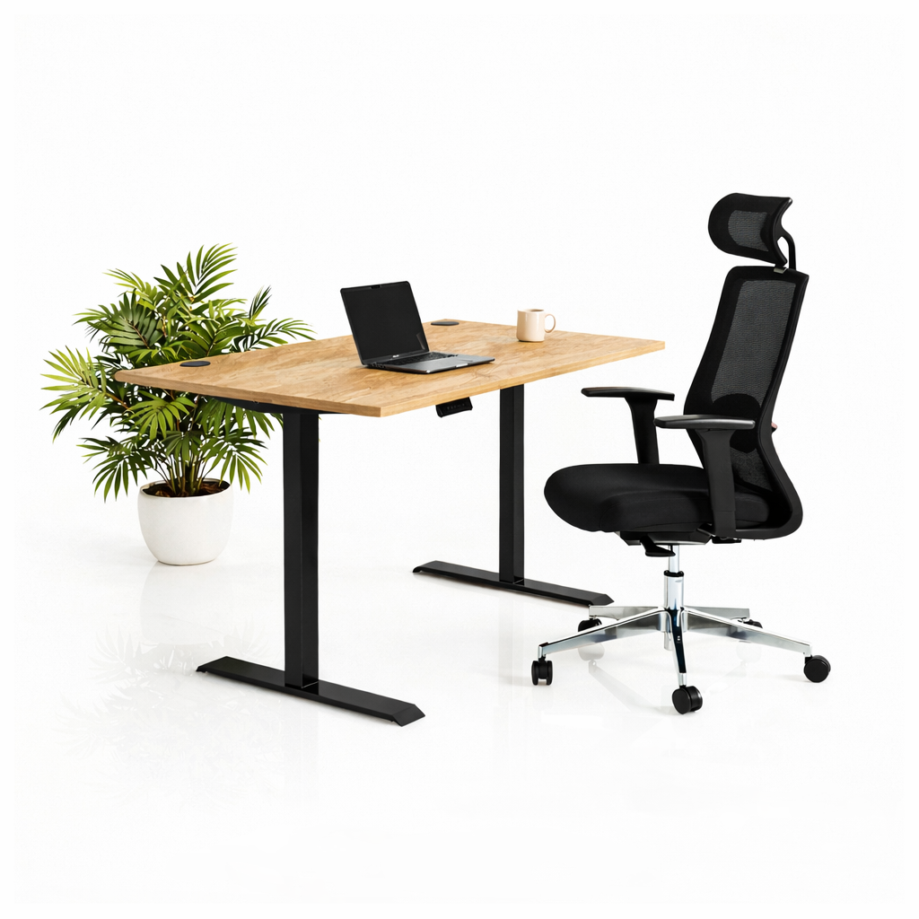 Ергономичен стол ChairPro Nexus Edition (Цвят): Черен | Височинно регулируемо бюро Ergo Desk Pro (Цвят на основата): Черен | Цвят на плота: Дъб Небраска натур