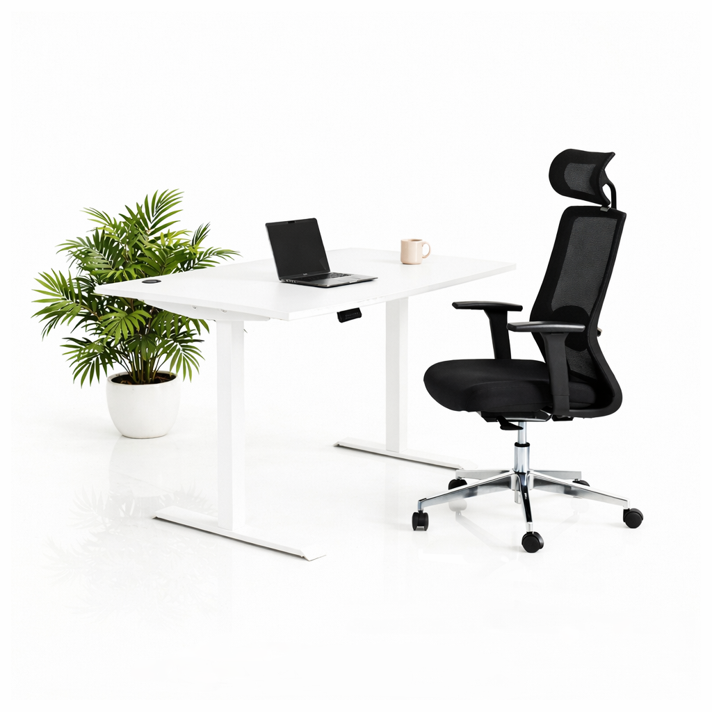 Ергономичен стол ChairPro Nexus Edition (Цвят): Черен | Височинно регулируемо бюро Ergo Desk Pro (Цвят на основата): Бял | Цвят на плота: Бял шагрен