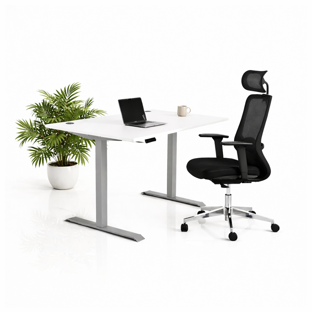 Ергономичен стол ChairPro Nexus Edition (Цвят): Черен | Височинно регулируемо бюро Ergo Desk Pro (Цвят на основата): Сив | Цвят на плота: Бял шагрен