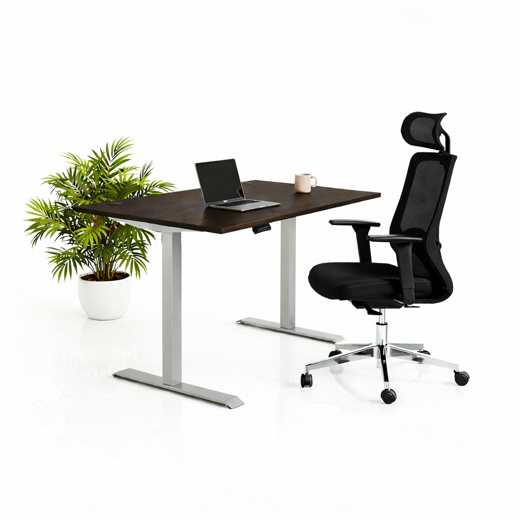 Ергономичен стол ChairPro Nexus Edition (Цвят): Черен | Височинно регулируемо бюро Ergo Desk Pro (Цвят на основата): Сив | Цвят на плота: Орех Пасифик табак