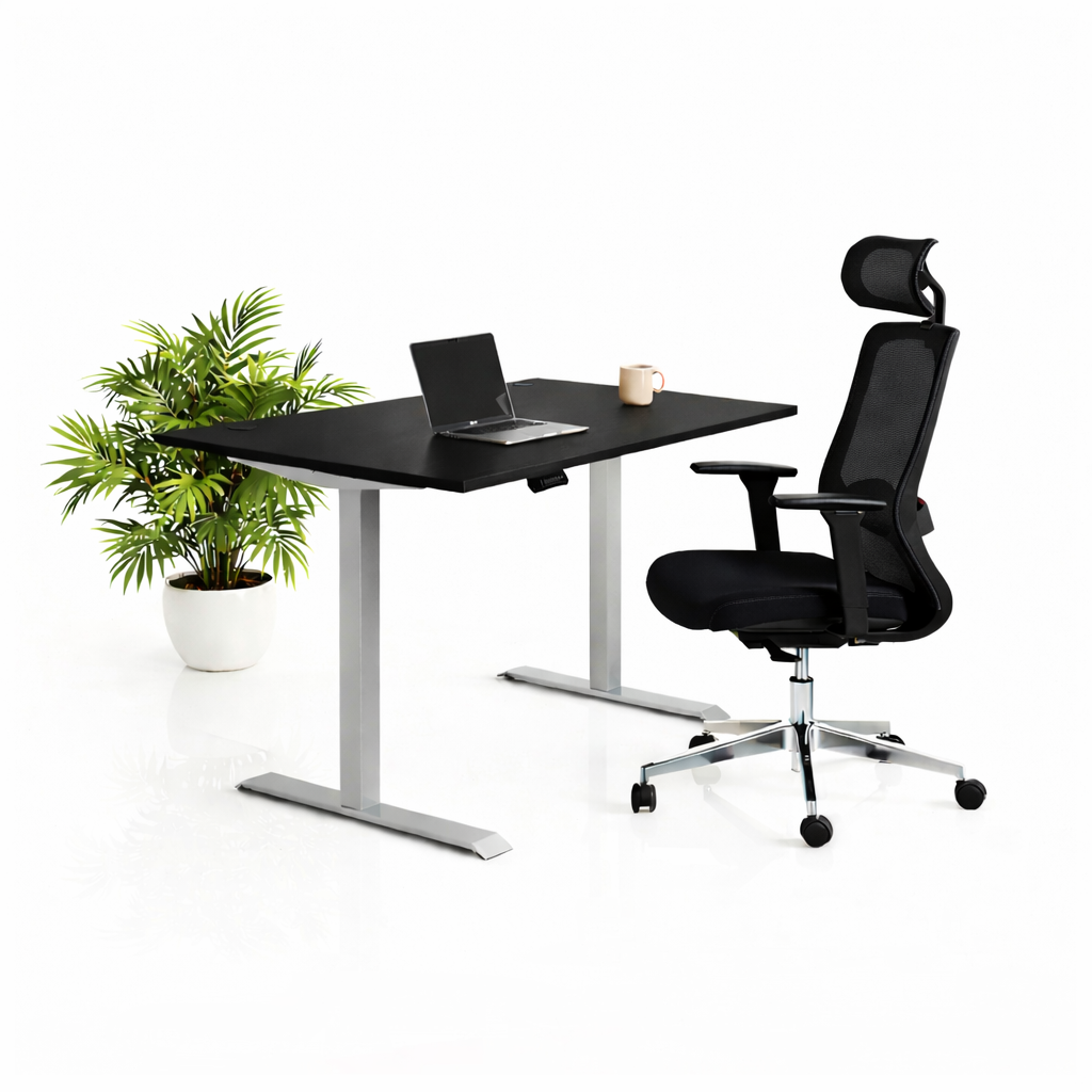 Ергономичен стол ChairPro Nexus Edition (Цвят): Черен | Височинно регулируемо бюро Ergo Desk Pro (Цвят на основата): Сив | Цвят на плота: Черен