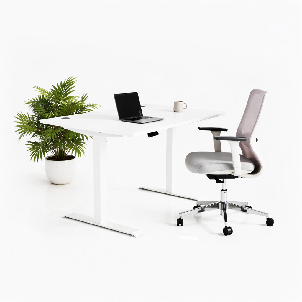 Ергономичен стол ChairPro 1000 W - светло сив (Цвят): Сив | Височинно регулируемо бюро Ergo Desk Pro (Цвят на основата): Бял | Цвят на плота: Бял шагрен