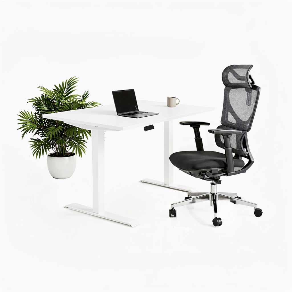 Ергономичен стол ErgoPro Lite - текстилна седалка | Височинно регулируемо бюро Ergo Desk Pro (Цвят на основата): Бял | Цвят на плота: Бял шагрен