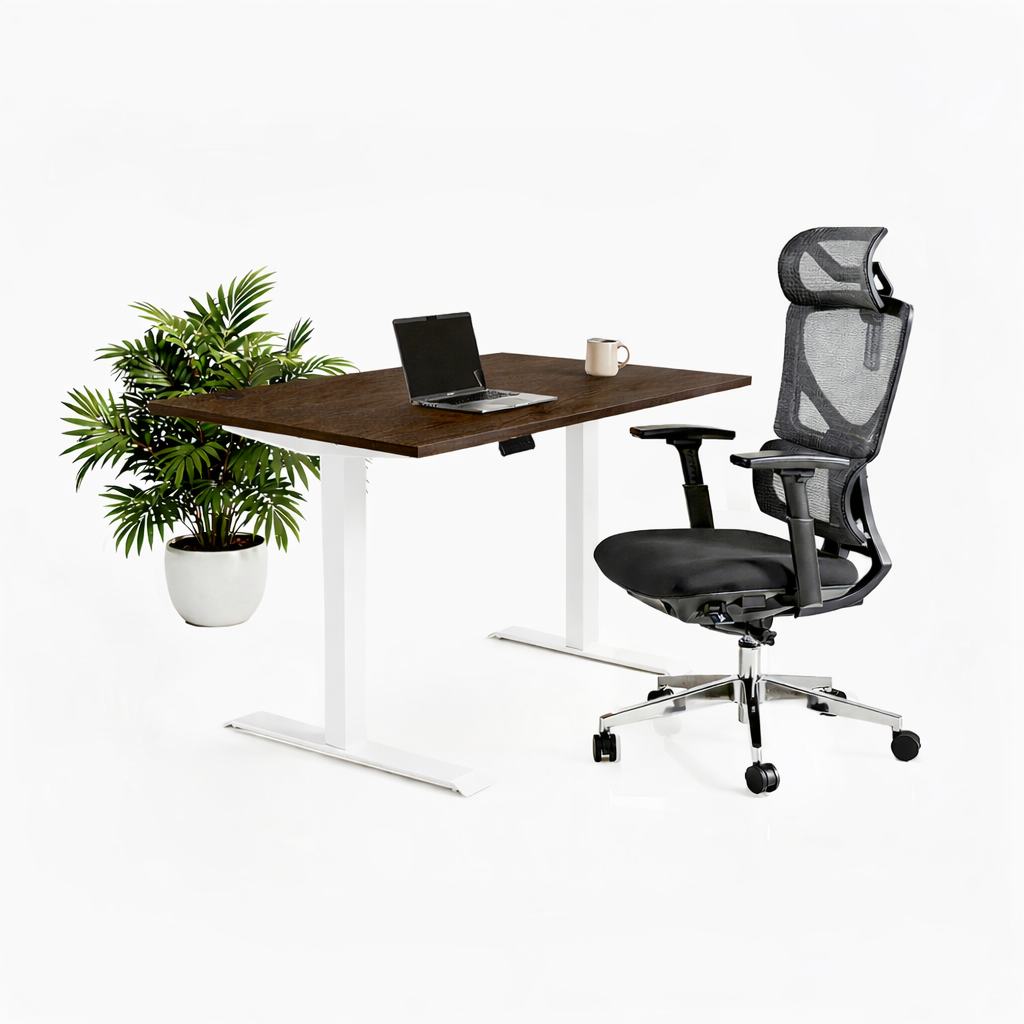 Ергономичен стол ErgoPro Lite - текстилна седалка | Височинно регулируемо бюро Ergo Desk Pro (Цвят на основата): Бял | Цвят на плота: Орех Пасифик табак