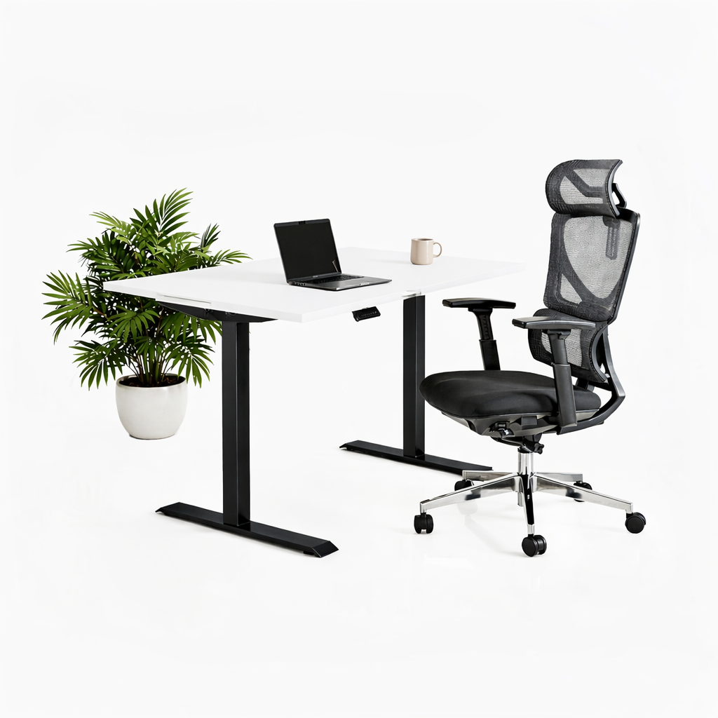 Ергономичен стол ErgoPro Lite - текстилна седалка | Височинно регулируемо бюро Ergo Desk Pro (Цвят на основата): Черен | Цвят на плота: Бял шагрен