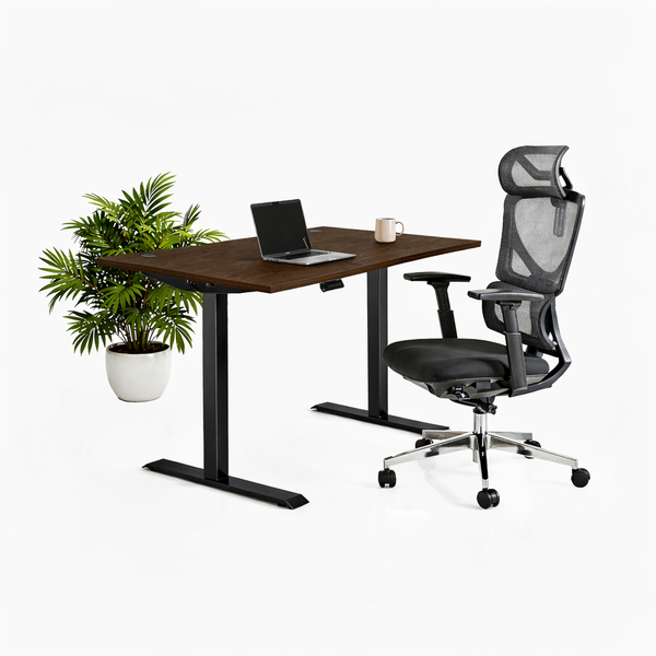 Ергономичен стол ErgoPro Lite - текстилна седалка | Височинно регулируемо бюро Ergo Desk Pro (Цвят на основата): Черен | Цвят на плота: Орех Пасифик табак