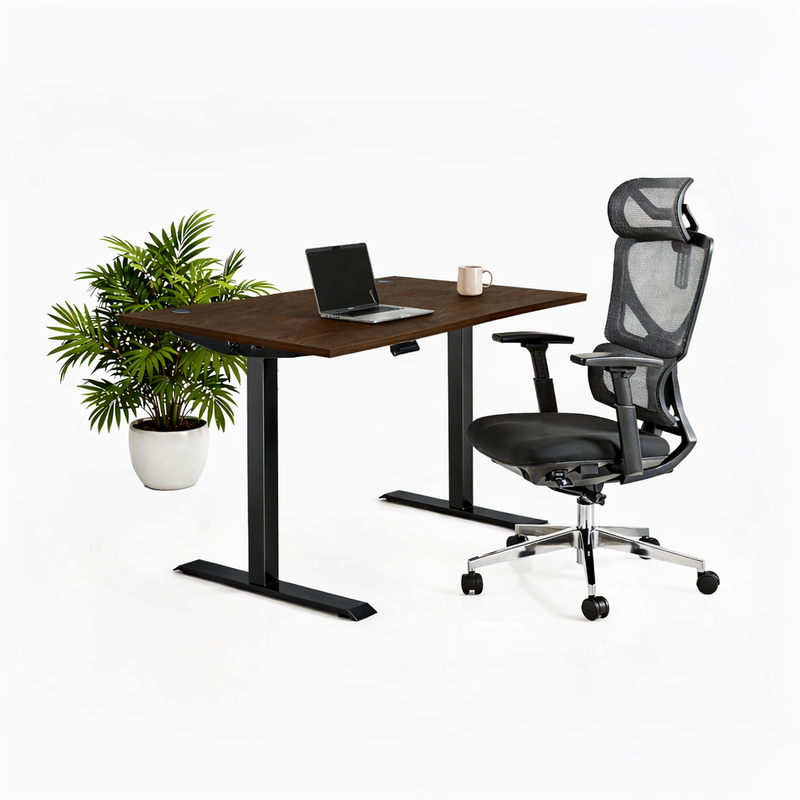 Ергономичен стол ErgoPro Lite - текстилна седалка | Височинно регулируемо бюро Ergo Desk Pro (Цвят на основата): Черен | Цвят на плота: Орех Пасифик табак