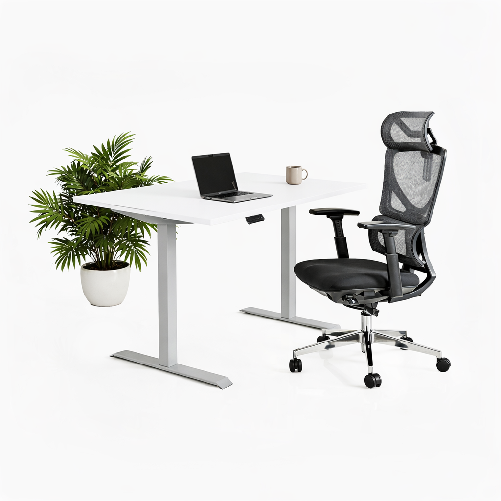 Ергономичен стол ErgoPro Lite - текстилна седалка | Височинно регулируемо бюро Ergo Desk Pro (Цвят на основата): Сив | Цвят на плота: Бял шагрен