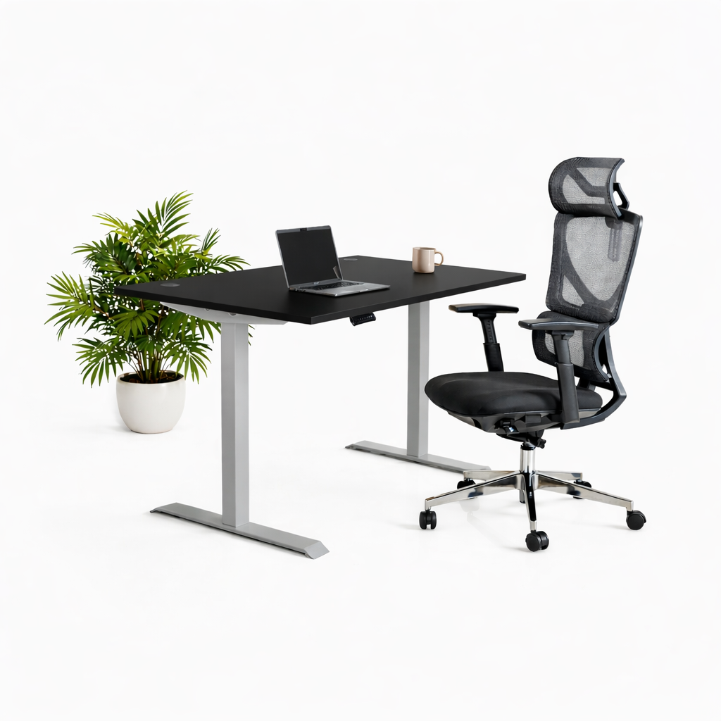 Ергономичен стол ErgoPro Lite - текстилна седалка | Височинно регулируемо бюро Ergo Desk Pro (Цвят на основата): Сив | Цвят на плота: Черен