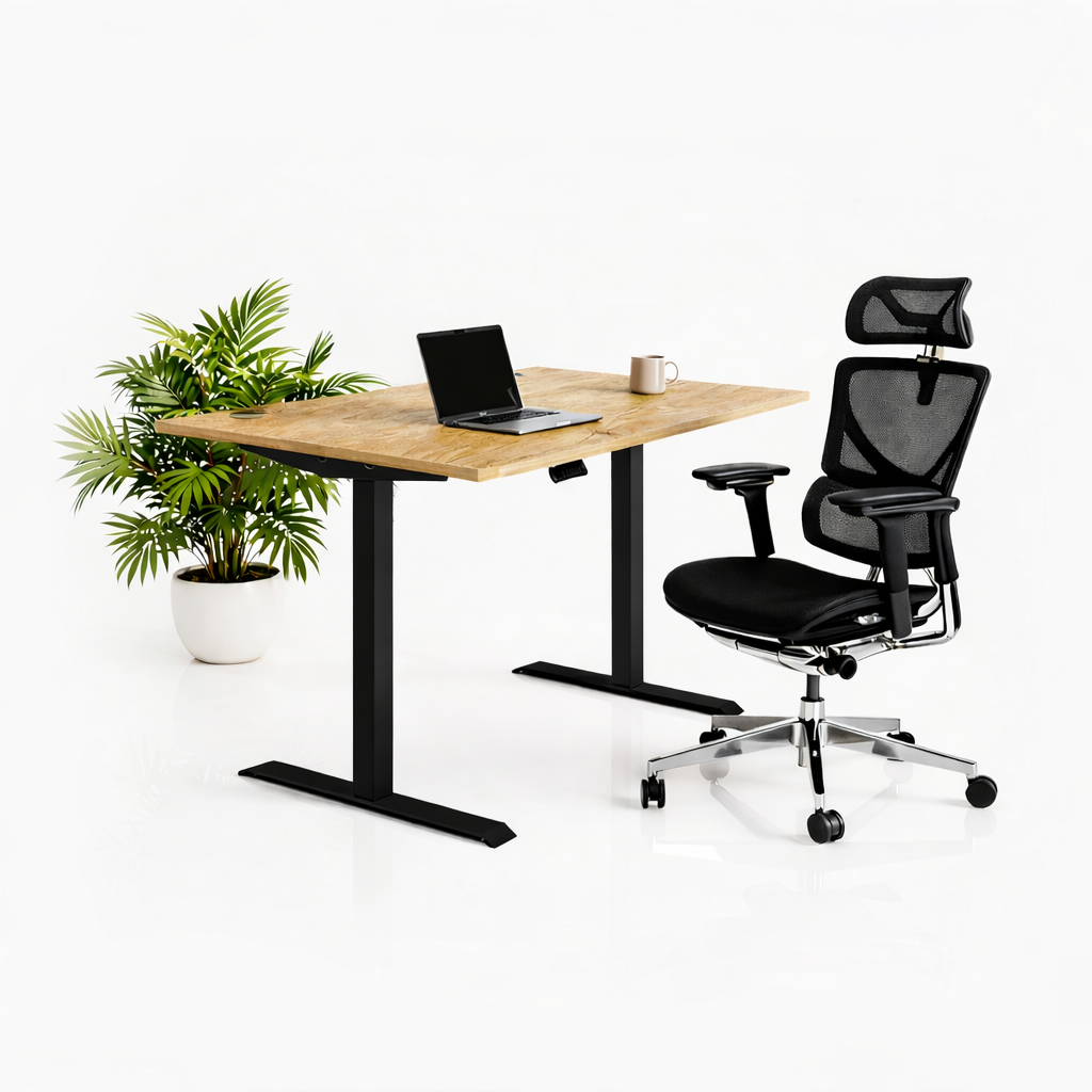 Ергономичен стол ErgoPro Ultra (Цвят): Черен | Височинно регулируемо бюро Ergo Desk Pro (Цвят на основата): Черен | Цвят на плота: Дъб Небраска натур