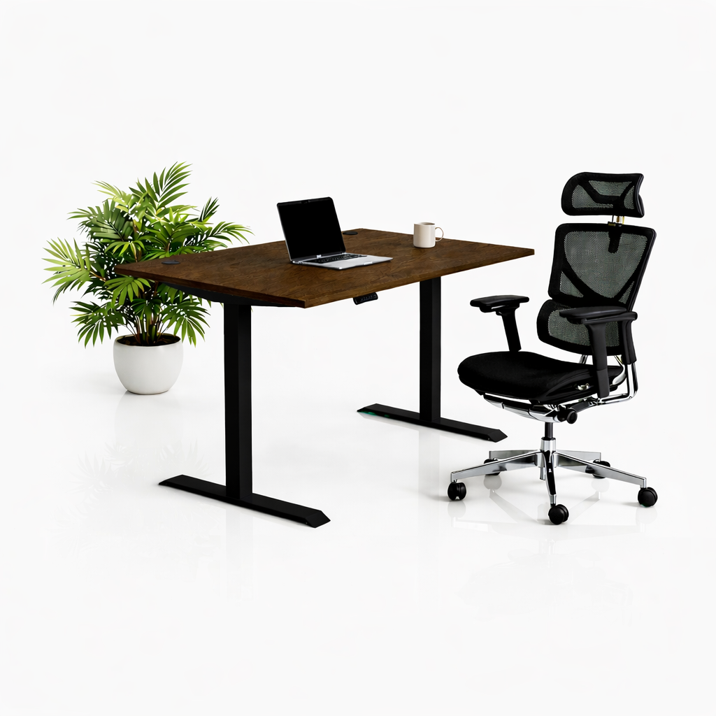 Ергономичен стол ErgoPro Ultra (Цвят): Черен | Височинно регулируемо бюро Ergo Desk Pro (Цвят на основата): Черен | Цвят на плота: Орех Пасифик табак