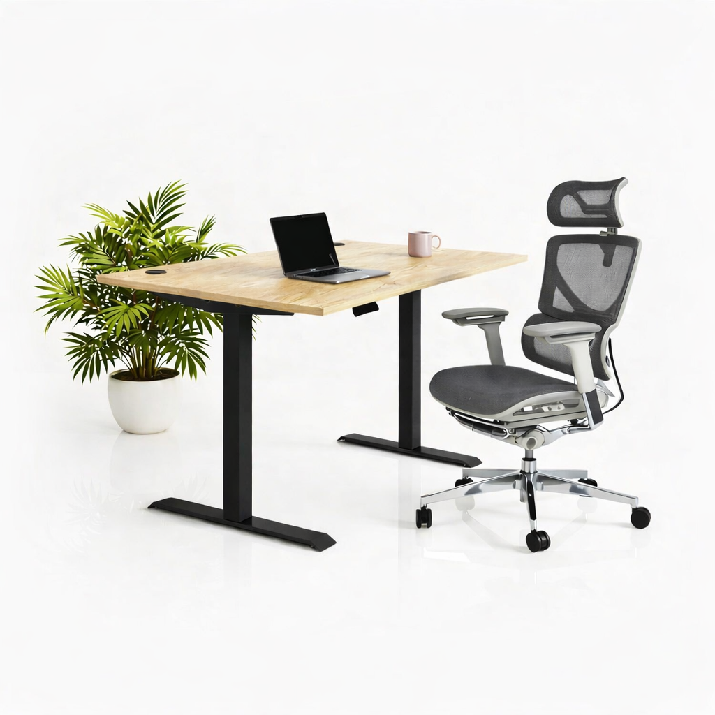 Ергономичен стол ErgoPro Ultra (Цвят): Сив | Височинно регулируемо бюро Ergo Desk Pro (Цвят на основата): Черен | Цвят на плота: Дъб Небраска натур