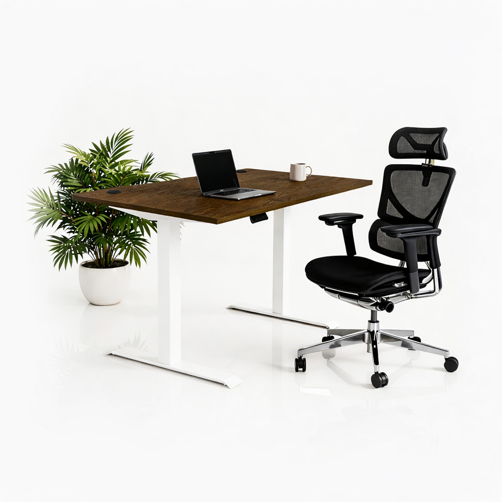 Ергономичен стол ErgoPro Ultra (Цвят): Черен | Височинно регулируемо бюро Ergo Desk Pro (Цвят на основата): Бял | Цвят на плота: Орех Пасифик табак