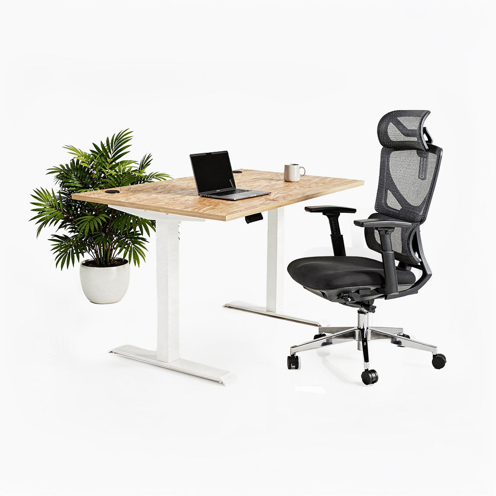 Ергономичен стол ErgoPro Lite - текстилна седалка | Височинно регулируемо бюро Ergo Desk Pro (Цвят на основата): Бял | Цвят на плота: Дъб Небраска натур