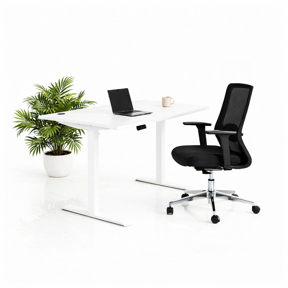 Ергономичен стол ChairPro Nexus Edition (Цвят): Черен | Височинно регулируемо бюро Ergo Desk Pro (Цвят на основата): Бял | Цвят на плота: Бял шагрен