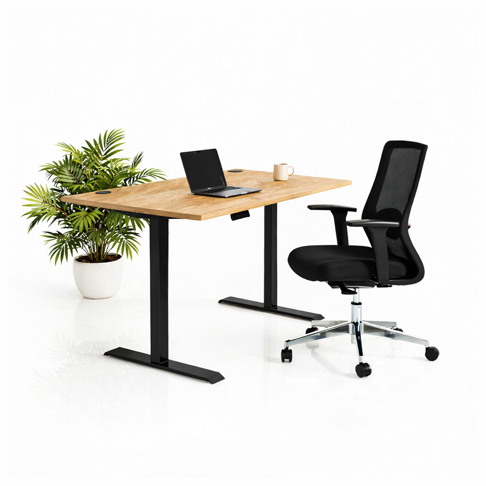 Ергономичен стол ChairPro Nexus Edition (Цвят): Черен | Височинно регулируемо бюро Ergo Desk Pro (Цвят на основата): Черен | Цвят на плота: Дъб Небраска натур