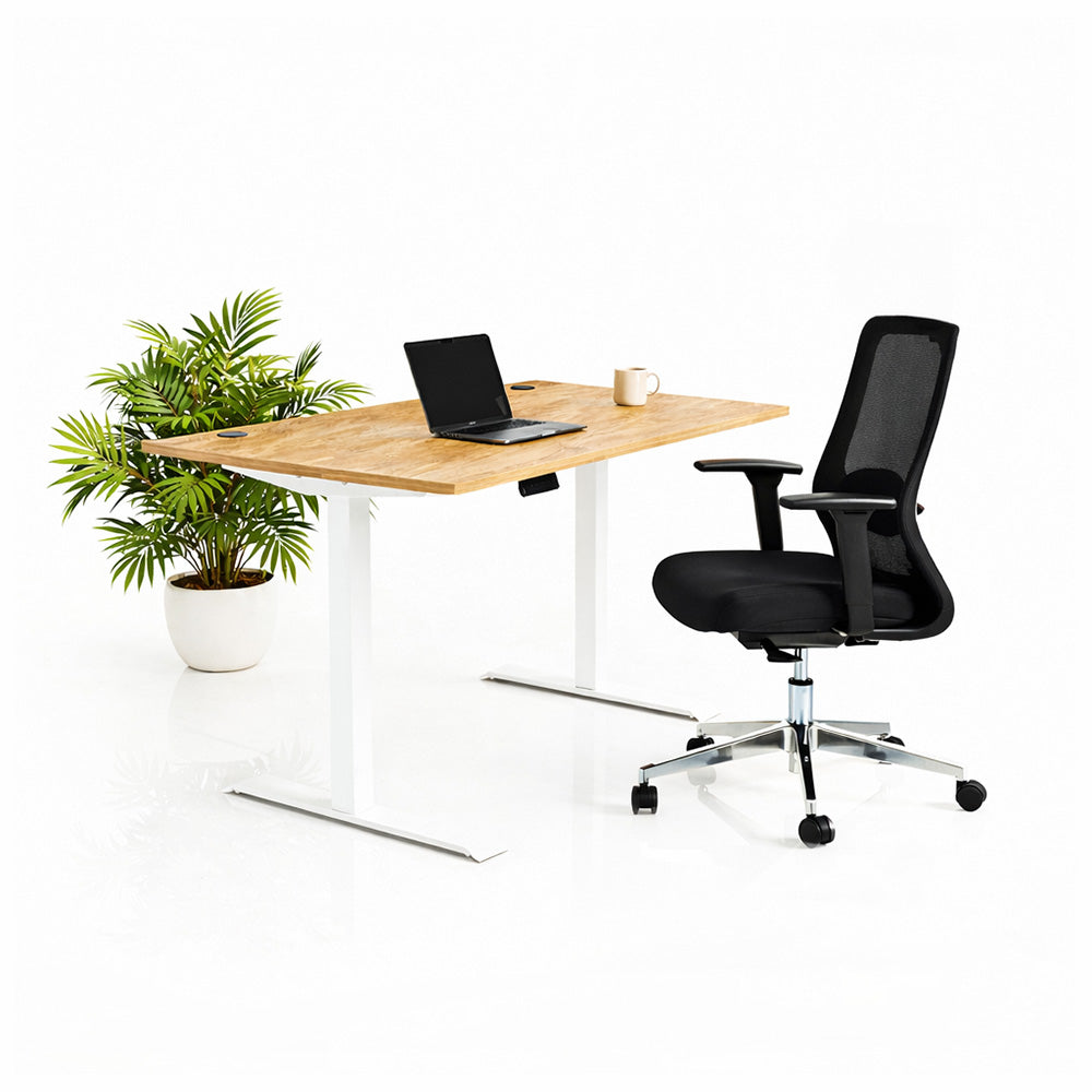 Ергономичен стол ChairPro Nexus Edition (Цвят): Черен | Височинно регулируемо бюро Ergo Desk Pro (Цвят на основата): Бял | Цвят на плота: Дъб Небраска натур