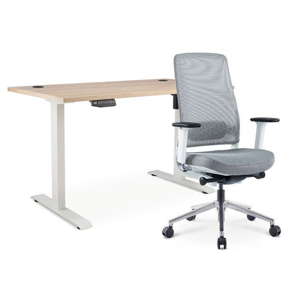 Ергономичен стол Zeal (Цвят): Сив | Височинно регулируемо бюро Ergo Desk (Цвят на основата): Бял | Плот 118x68x2.5 - Дъб Небраска натур | Плот 138x68x2.5 - Дъб Небраска натур | Плот 158x80x2.5 - Дъб Небраска натур