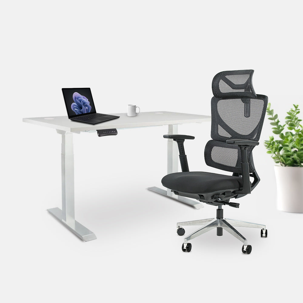 Ергономичен офис стол ErgoPro Lite (Цвят): Черен | Височинно регулируемо бюро Ergo Desk Pro (Цвят на основата): Бял | Цвят на плота: Бял шагрен