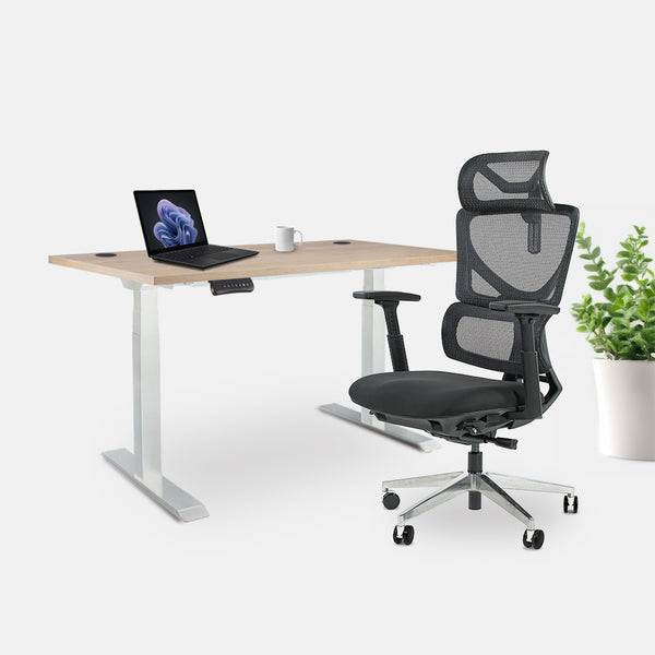 Ергономичен офис стол ErgoPro Lite (Цвят): Черен | Височинно регулируемо бюро Ergo Desk Pro (Цвят на основата): Бял | Цвят на плота: Дъб Небраска натур