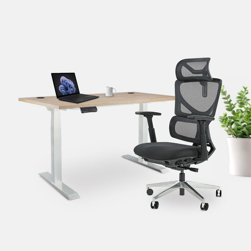 Ергономичен офис стол ErgoPro Lite (Цвят): Черен | Височинно регулируемо бюро Ergo Desk Pro (Цвят на основата): Бял | Цвят на плота: Дъб Небраска натур