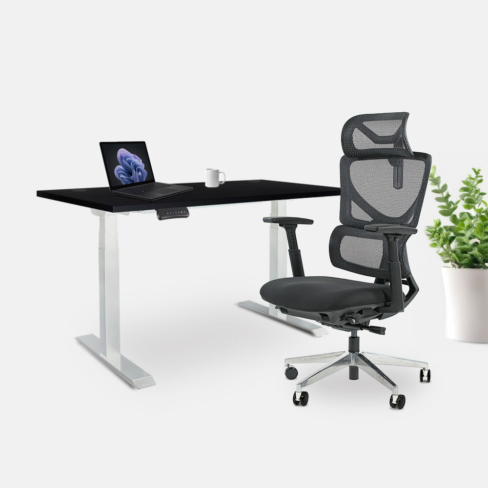 Ергономичен офис стол ErgoPro Lite (Цвят): Черен | Височинно регулируемо бюро Ergo Desk Pro (Цвят на основата): Бял | Цвят на плота: Черен