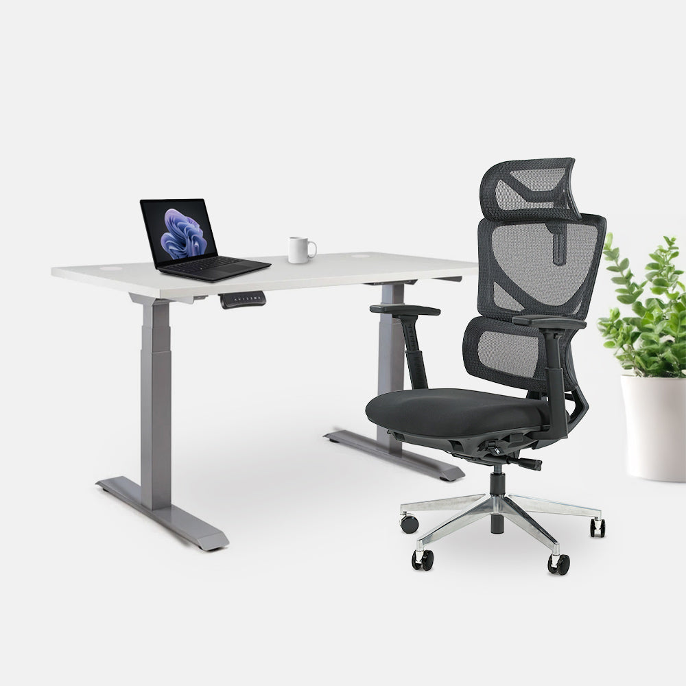 Ергономичен офис стол ErgoPro Lite (Цвят): Черен | Височинно регулируемо бюро Ergo Desk Pro (Цвят на основата): Сив | Цвят на плота: Бял шагрен