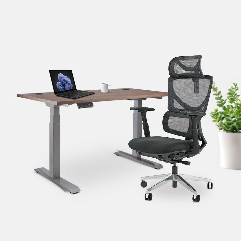 Ергономичен офис стол ErgoPro Lite (Цвят): Черен | Височинно регулируемо бюро Ergo Desk Pro (Цвят на основата): Сив | Цвят на плота: Орех Пасифик табак