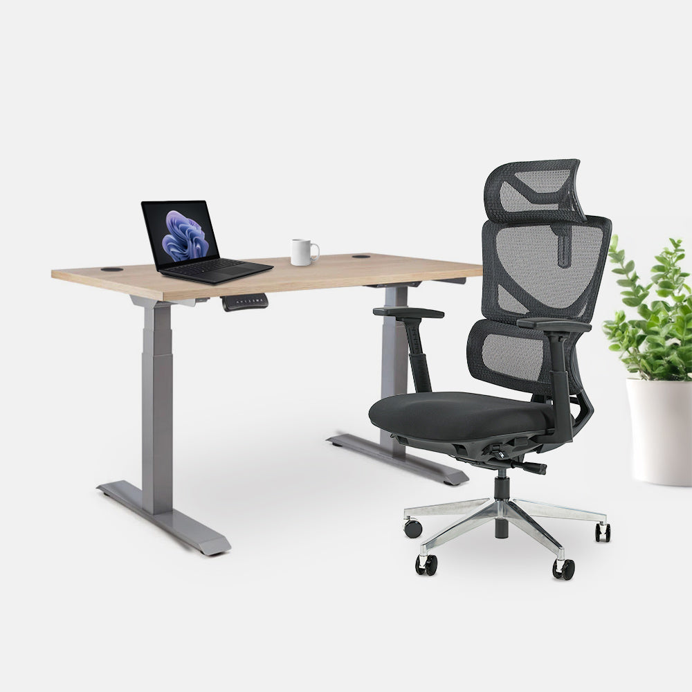 Ергономичен офис стол ErgoPro Lite (Цвят): Черен | Височинно регулируемо бюро Ergo Desk Pro (Цвят на основата): Сив | Цвят на плота: Дъб Небраска натур