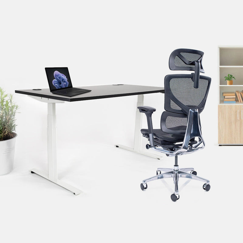 Ергономичен стол Ergo Pro Ultra (Цвят): Черен | Височинно регулируемо бюро Ergo Desk Ultra (Цвят на основата): Бял | Цвят на плота: Черен