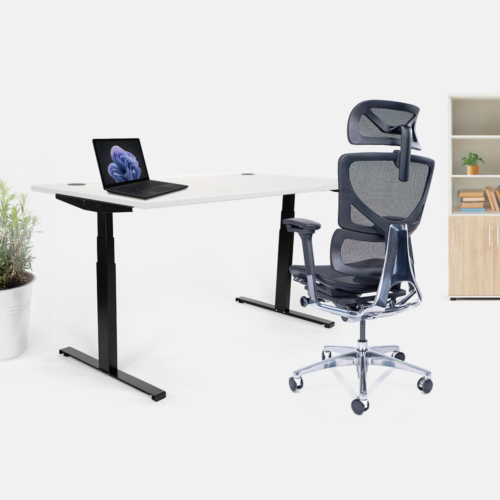 Ергономичен стол Ergo Pro Ultra (Цвят): Черен | Височинно регулируемо бюро Ergo Desk Ultra (Цвят на основата): Черен | Цвят на плота: Бял шагрен