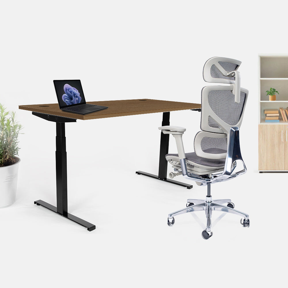 Ергономичен стол Ergo Pro Ultra (Цвят): Сив | Височинно регулируемо бюро Ergo Desk Ultra (Цвят на основата): Черен | Цвят на плота: Орех Пасифик табак