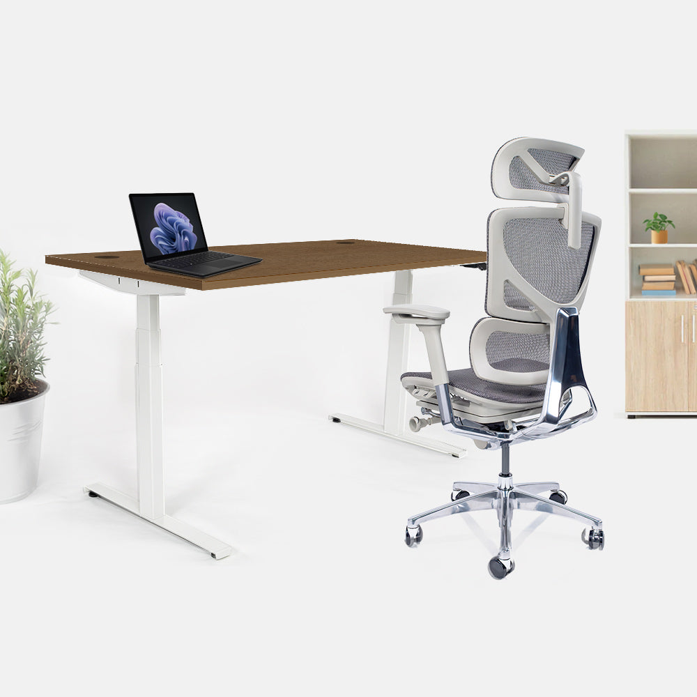 Ергономичен стол Ergo Pro Ultra (Цвят): Сив | Височинно регулируемо бюро Ergo Desk Ultra (Цвят на основата): Бял | Цвят на плота: Орех Пасифик табак