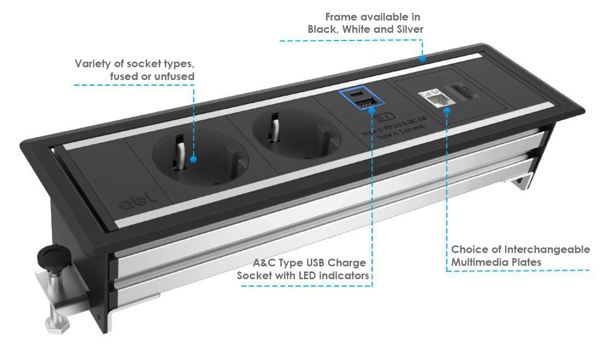 Комуникационен и захранващ модул за бюро Level E 4xSchuko + USB A+C + 2xRJ45 - черен
